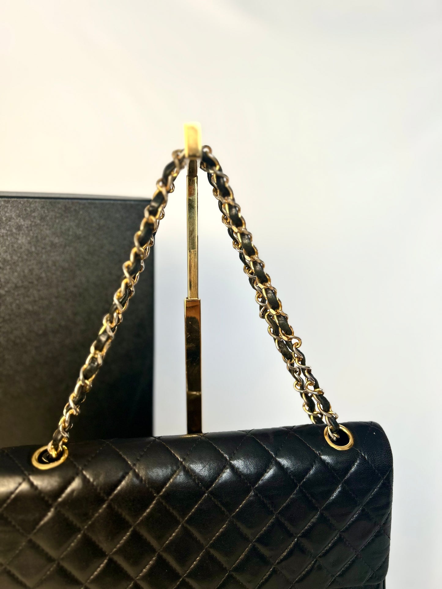 Authentic 1980s Chanel Black Lambskin Medium Classic Flap