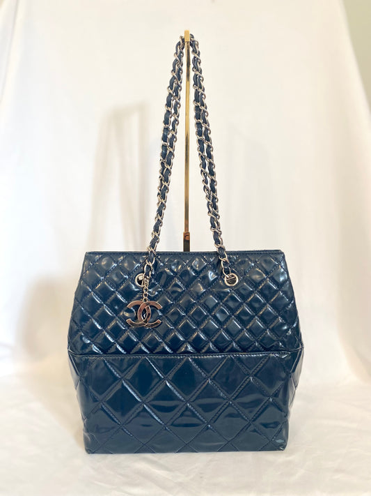 Navy Blue Chanel Patent Leather Quilted Tote