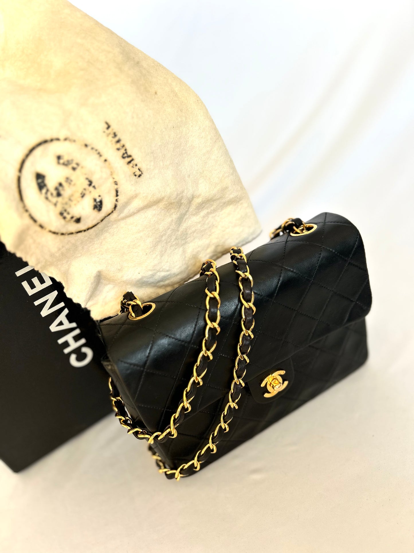 Authentic Chanel Black Lambskin Mini Square Flap Bag