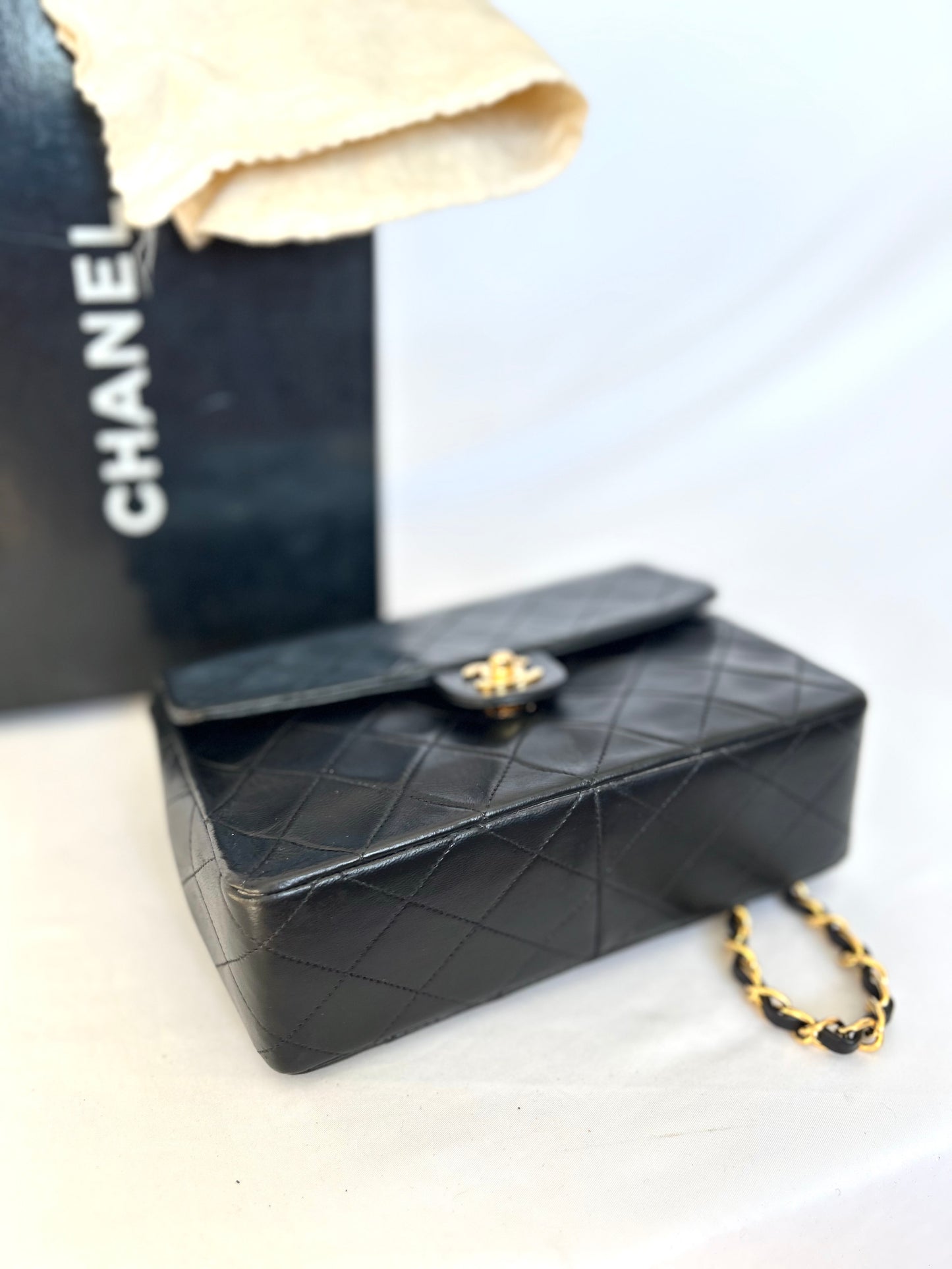 Authentic Chanel Black Lambskin Mini Square Flap Bag