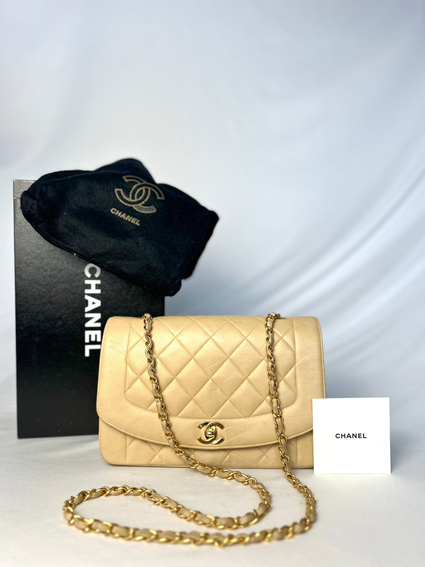 Authentic Vintage Chanel Beige Lambskin Diana Flap Bag