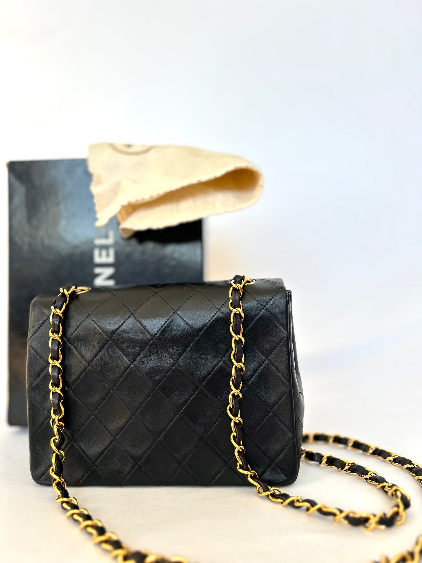 Authentic Chanel Black Lambskin Mini Square Flap Bag