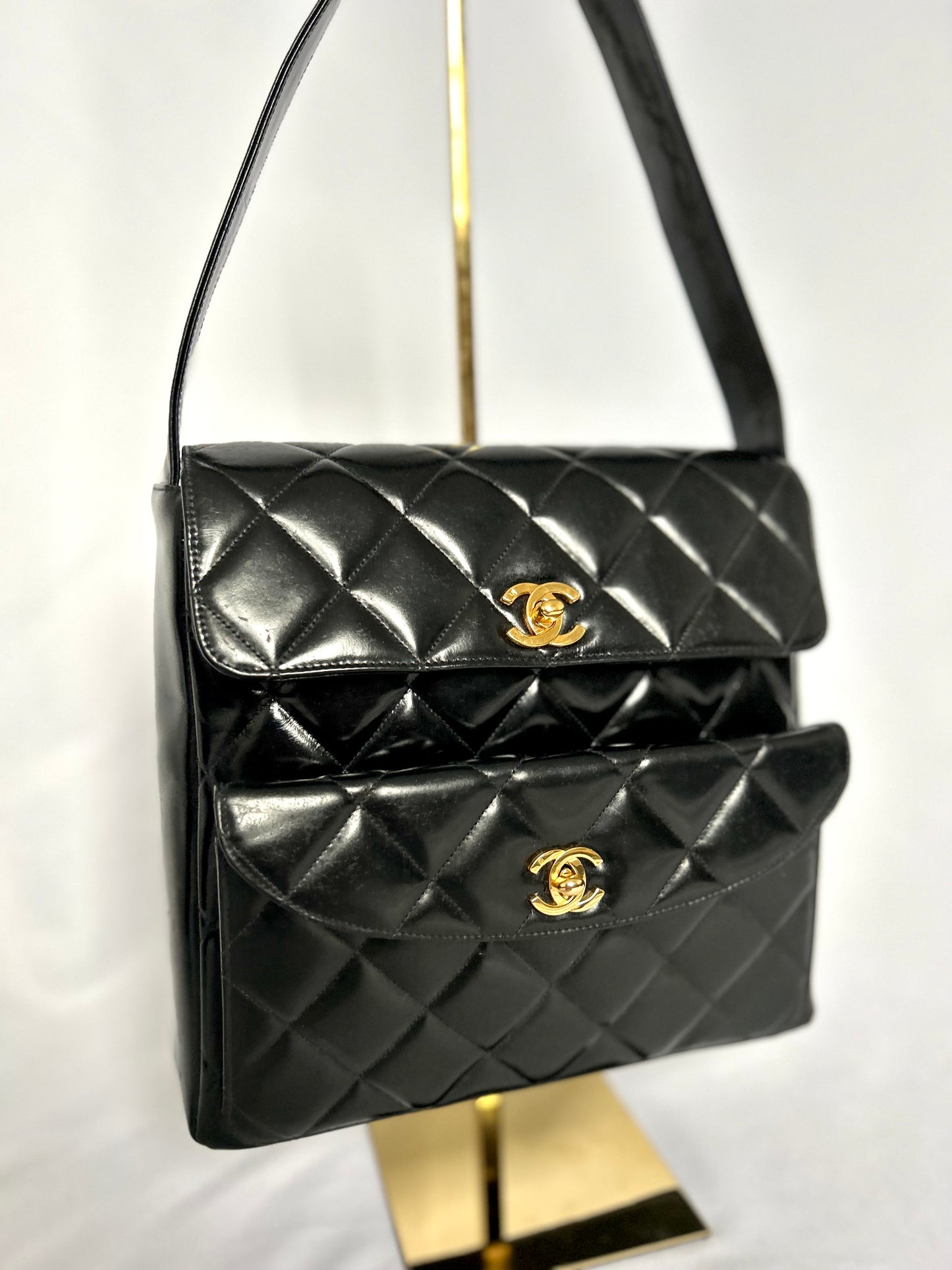Chanel Double Turnlock Patent Leather Shoulder Bag