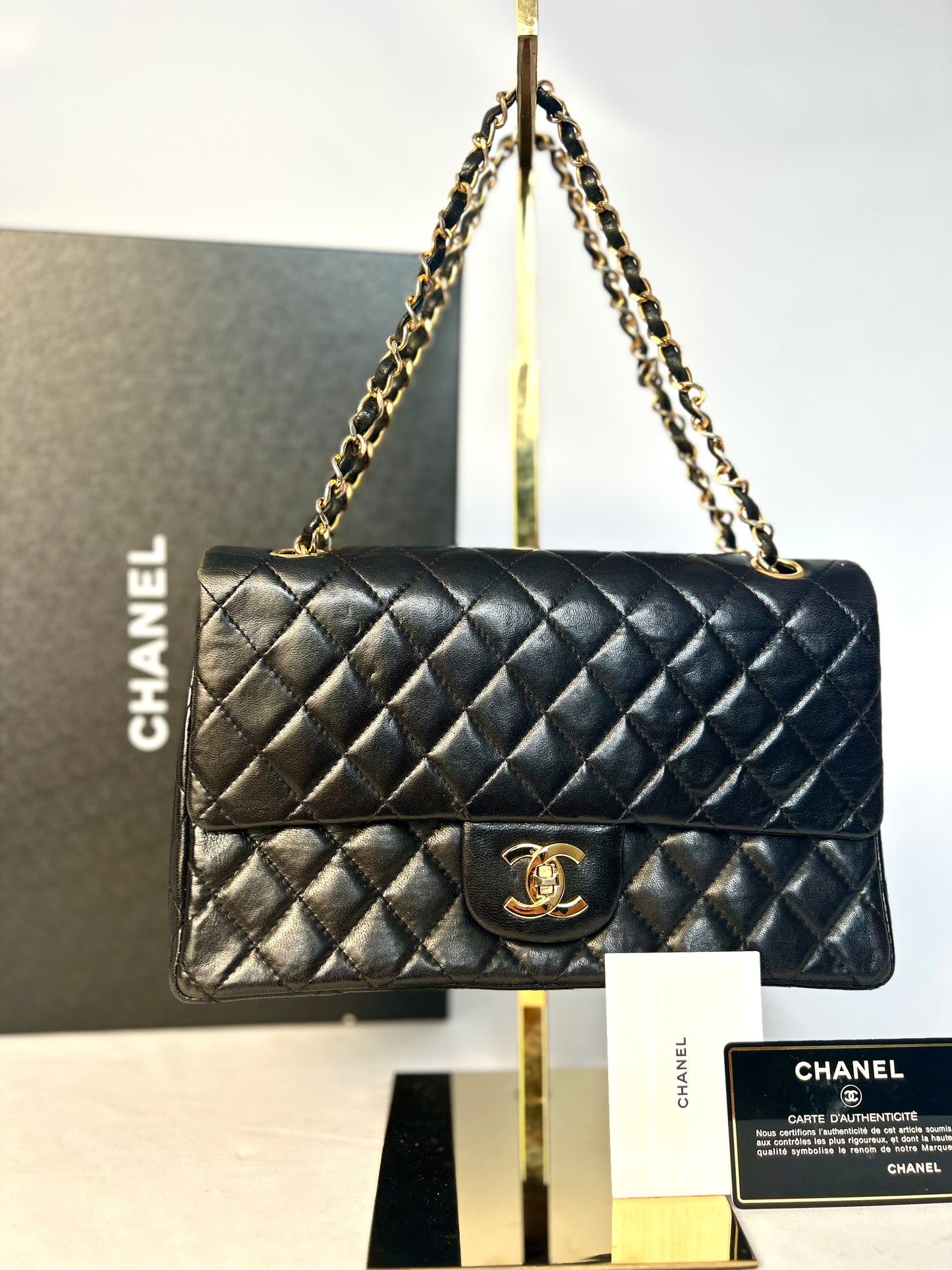 Authentic 1980s Chanel Black Lambskin Medium Classic Flap