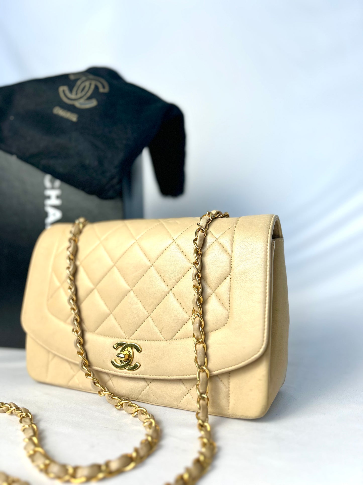 Authentic Vintage Chanel Beige Lambskin Diana Flap Bag