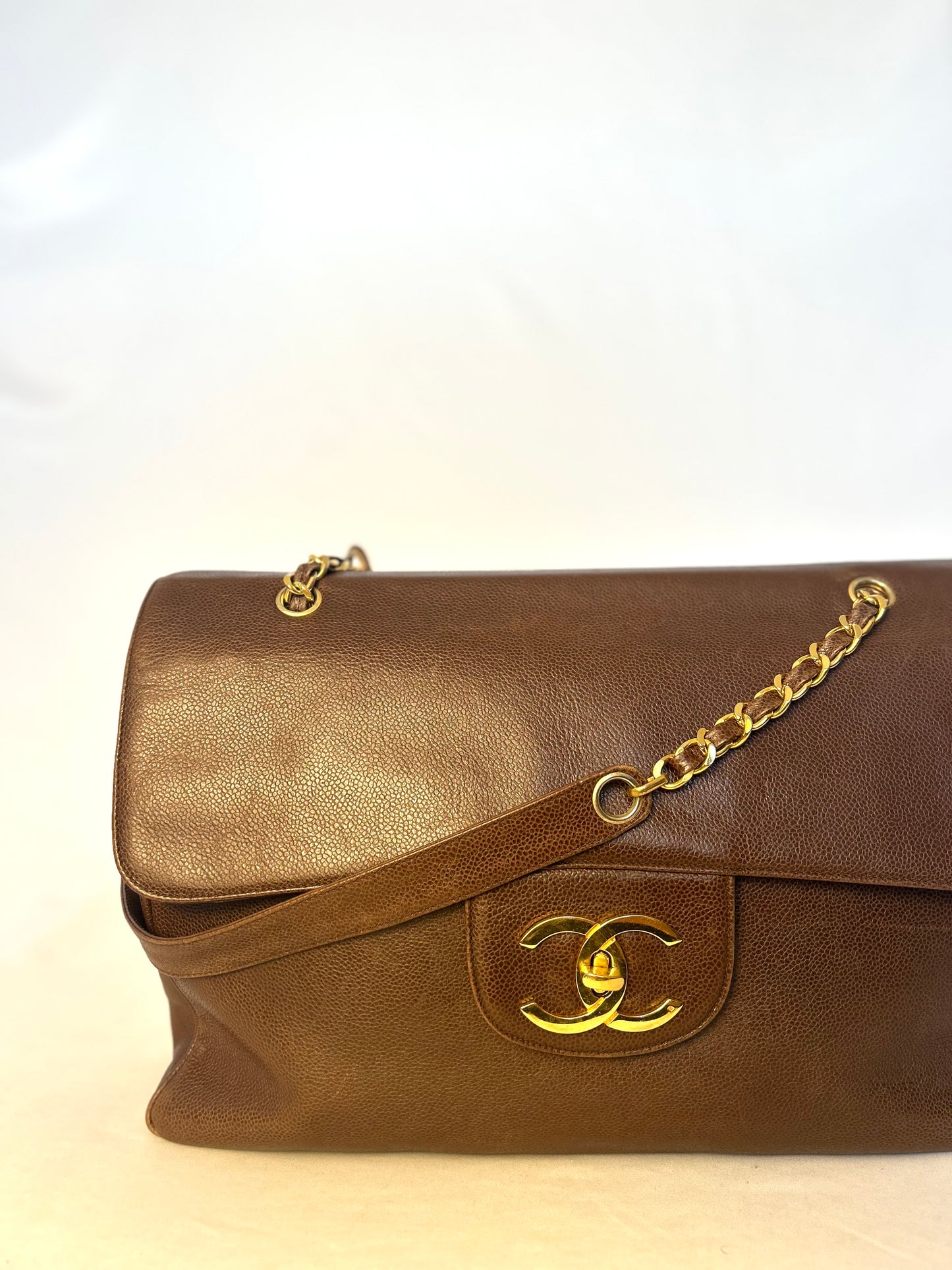 Authentic Chanel Vintage Caviar Supermodel XL Brown Flap Bag