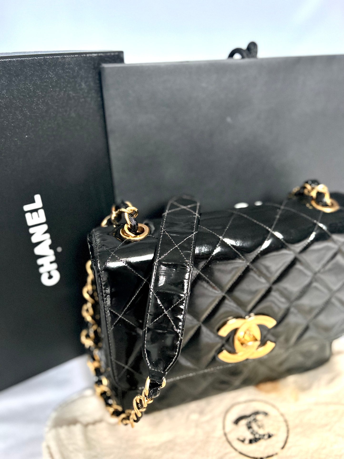 Gorgeous Vintage Black Patent Leather Square Bag